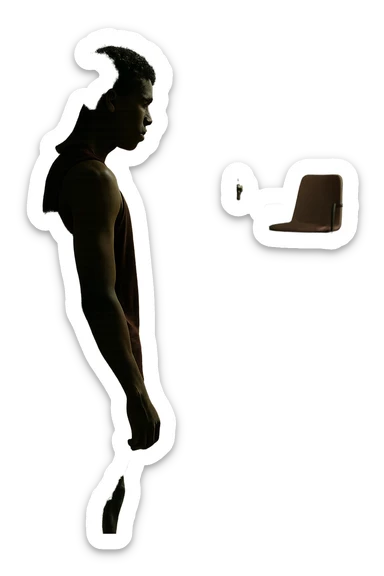 cinematic a person stands alone on a running track or in a fitness studio, glancing toward an empty coach’s chair or whistle hanging on a hook. The absence of the coach is emphasized by a faint, transparent silhouette or shadow where the coach should be. The atmosphere is quiet and a bit disheartened. in italiano sticker