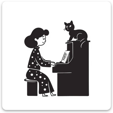 woman playing piano while her cat sits on top of the piano sticker