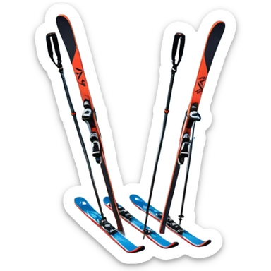 An icon featuring a pair of skis and ski poles in the foreground, set against a picturesque snow-covered slope. The background includes snowy peaks and evergreen trees, symbolizing the excitement and beauty of winter sports. Transparent background highlights the thrill of skiing and snowboarding. sticker