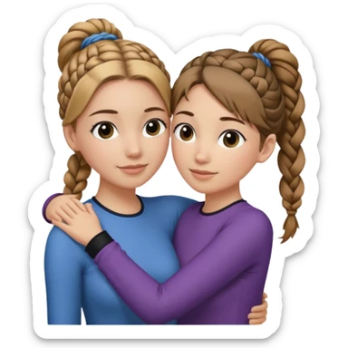 Hug two white skin women one taller with braided black side ponytail and one shorter with light brown hair in top ponytail  sticker