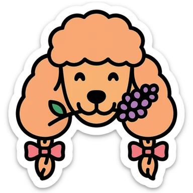 Peach-colored poodle with a narrow, short-haired face, hairstyle like Artemone. Long fluffy ears, each with a thin braid tied with a pink bow at the end. Happy face, smiling. A lilac branch in the mouth. sticker