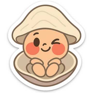 Create a cute oyster with a winking expression and very red cheeks, inspired by the reference image. Use pastel toon style with cream, greige, and peach colors. Transparent background. sticker
