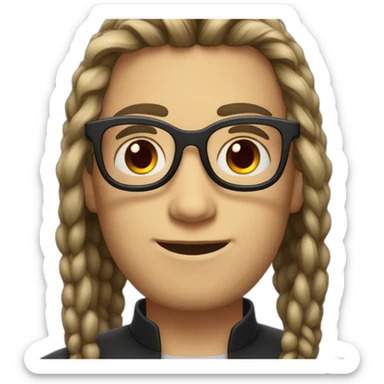 A boy with long tied hair and a beard with elongated glasses with black frames and red lenses sticker