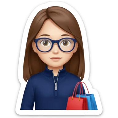 A little girl (he usually calls her baby), who is obsessed with shopping and luxury brands and holds a dozen of bags, she wears navy blue half zip sweater and holds 10 bags and she has long brown hair with Prada eyeglasses  sticker
