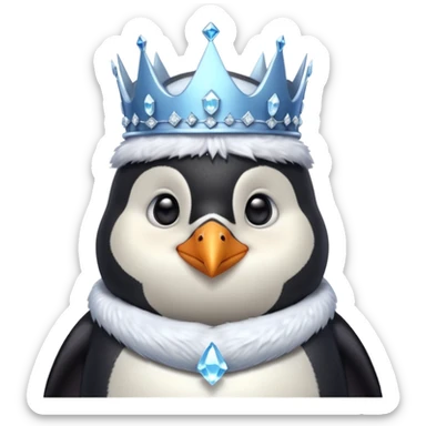 penguin king portrait, head and shoulders only, icy crystal crown, royal fur collar, cute serious expression, winter fantasy vibe, 3D cartoon, mobile game icon style, clean background, no text, no watermark
 sticker