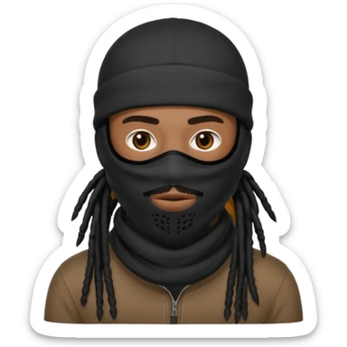 African American man with shoulder length black dreadlocks with black beard wearing a ski mask covering face sticker