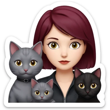 femme  yeux gris, cheveux court bordeaux, cuir noir, avec chat poils longs gris clair et chat poils ras noirs sticker