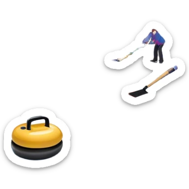 please, An icon featuring the curling rink, with its distinctive circles, and a vibrant crowd in the stands. Snowflakes fall outside the arena, and bright lights illuminate the ice. a curling stone sliding across the ice, with a broom nearby. Transparent background. sticker