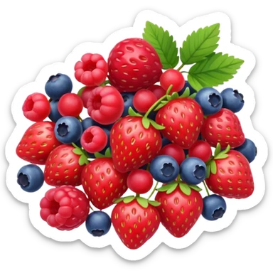 mixed berries cluster (strawberries, raspberries, red currants, blueberries), realistic, 3D, no faces, no bowl, transparent background sticker