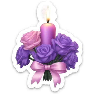 a beautiful aesthetic bouquet of dark purple and light pink lavender tied with a silk purple ribbon and next to it a pink decorative candle  sticker