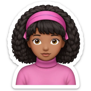 black fluffy haired girl with pink turtleneck sweater and hair band sticker