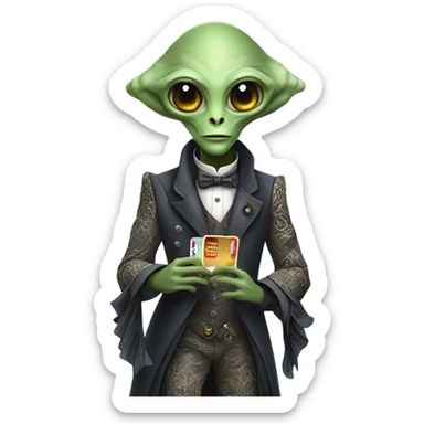 alien galora in Victorian dress elegant, full body, holding big credit card sticker