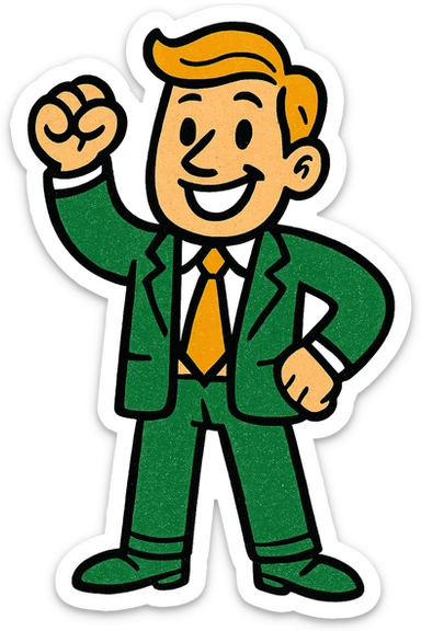 man in suit, professional style, green gold and white color scheme, bold and clear, suitable for digital use sticker