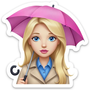 A beautiful blonde girl with long hair, blue eyes, pink lips, walks under an umbrella sticker