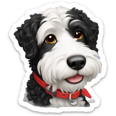 A black and white burnadoodle with a red collar  sticker