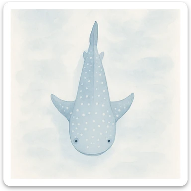 watercolor illustration of a whale shark from a bird's eye view, soft blue and gray tones, gentle expression, ocean background, artistic brushstrokes sticker