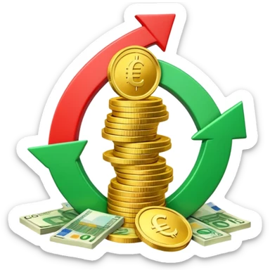 3D euro coins and banknotes stack, green upward arrow and red downward arrow, 
money flowing in and out, gold and silver coins, transparent background, 
emoji style, realistic, balanced composition sticker