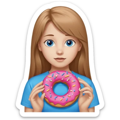 una ragazza dall‘ età di 19 anni con capelli castani chiaro lunghi e lisci ,  occhi celesti,  con addosso una maglietta con una ciambella senza orecchini  sticker
