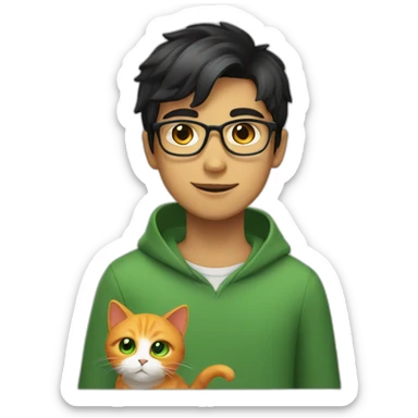 Boy with green eyes, glasses, with black short hair, with Persian orange cat sticker