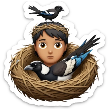 An Australian Magpie, birds nest that is located at the top of a man's head. sticker