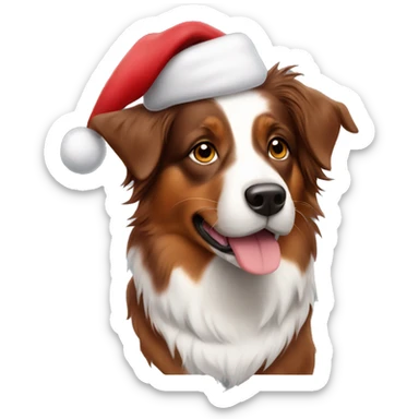 Red tri Australian shepherd wearing a Santa hat sticker