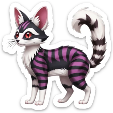 Hyper realistic  void-black fur haunted by crimson neon pulse-lines like living circuitry beautiful elegant pretty precious cute  Fakémon-Pokémon-opossum-feline-serval-caracal-chinchilla-Furret-Minccino-hybrid-creature with a big fluffy bushy tail (full body) sticker