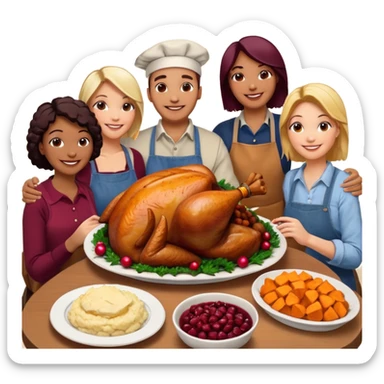 Thanksgiving Dinner with 6 friends of all different races around the table; have the food be a cooked turkey, mashed potatoes, corn, a basket of biscuits, a small bowl of cranberry sauce, baked yams, steamed vegetables, and a bottle of wine. sticker