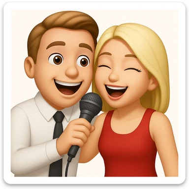 Combine the two emoji characters from the references into one lively and fun scene where they are singing karaoke together, holding a microphone, with joyful expressions. Keep the style consistent with emoji style. sticker