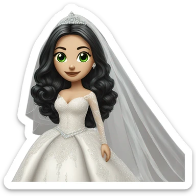 Hyper Realistic ornate ballgown long sleeve Wedding dress with diamanté on Russian bride with pale skin and green eyes and long black hair with veil and diamond jewelry hyper realistic  sticker
