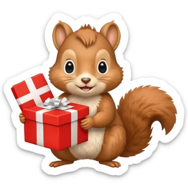 squirrel holding a red gift box and a Swiss flag, friendly and happy sticker