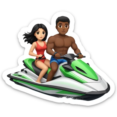 Black muscular man in back of jet ski holding on to Italian girl with black hair driving the jet ski. The GIRL IS DRIVING sticker