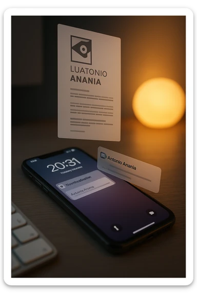 A photo of an iPhone with the message "Antonio Anania" on its screen, hovering over it is another document floating in mid-air, both surrounded by soft light and shadow. The phone sits atop a desk with a blurred background that suggests work environment. A faint glow from above casts gentle shadows across the surface of each object, creating depth and highlighting their textures. sticker