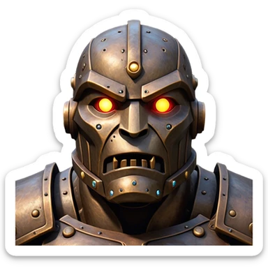 Cinematic Noble Mighty Iron Golem Portrait Emoji Poised and imposing, with a towering, metallic form forged from intricately detailed plates of burnished steel and ancient bronze, etched with faint traces of runes and weathered marks of time. Its piercing, glowing eyes radiate unwavering resolve, casting a solemn and commanding presence; rendered with lifelike texture and natural metallic highlights, high shine, elegant yet indomitable, styled with an aura of legendary endurance, focused and resolute, soft glowing outline, capturing the essence of an eternal guardian, standing vigilant and immovable as if ready to awaken at any moment with unstoppable might! sticker