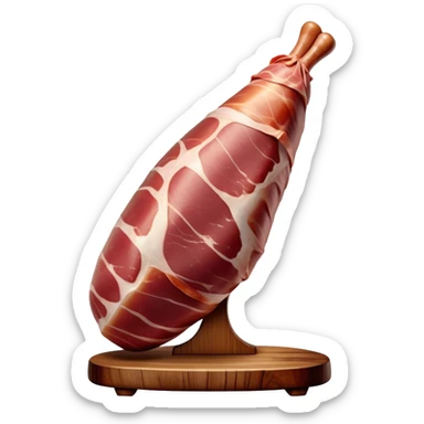 _cinematic-realistic-spanish-ham-leg,-depicted-as-a-massive,-cured-leg-of-jamón-serrano-(ham)-with-a-deep-reddish-brown-hue on the outside,-intricately-marbled-and-slightly-glossy-with-age,-elegantly-displayed-on-a-rustic-wooden-stand-and-bathed-in-warm sticker