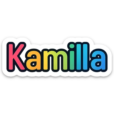 Kamilla name in colorful gradient modern font with dark outline, transparent background, in the style of sample images sticker