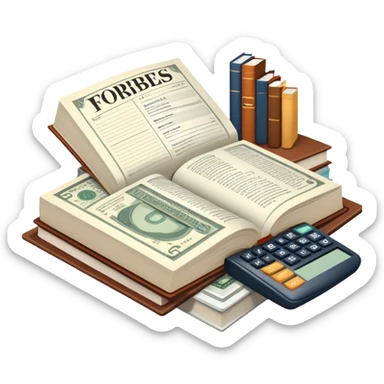 Icon for Business Reading: an open book with graphs, numbers, percentages, formulas, and text on the pages, next to a stack of books, a pile of dollars, a calculator and business magazines like Forbes. Transparent background. sticker