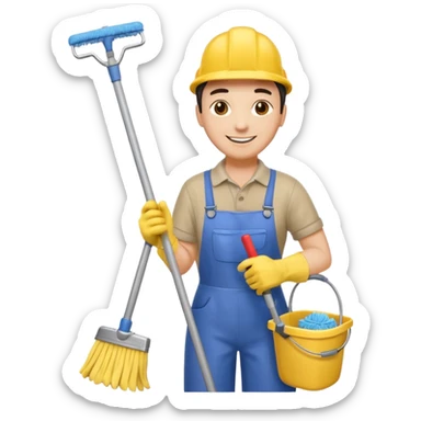 Custodian with yellow rubber gloves, mop sticker