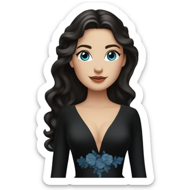 white bride with wavy dark brown long hair and blue eyes wearing a black deep v neck wedding dress with long sleeves sticker