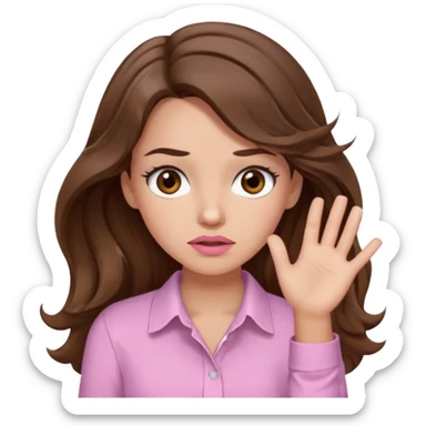 girl with wavy long brown hair, brown eyes, light to medium complexion, long lashes, light pink lipstick, wearing light pink shirt, shrugging sticker