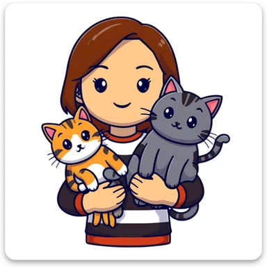 Tan brown-haired girl holding three cats, one black cat, one grey cat, and one grey-striped cat sticker