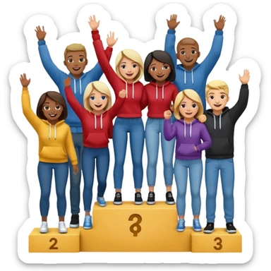 multi-racial group on a winners’ podium, middle step higher, all in jeans and hoodies, excited, fun, expressive emoji style sticker