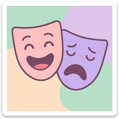 theatre mask icons comedy and tragedy in pastel pink lavender and mint, soft and friendly, modern illustration style sticker