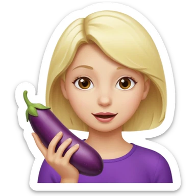 blonde girl eating an eggplant sticker