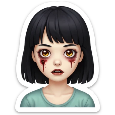 Zombie girl, black hair with bangs, slightly wavy, layered haircut,long hair,long eyelashes, black eyes,iOS style sticker