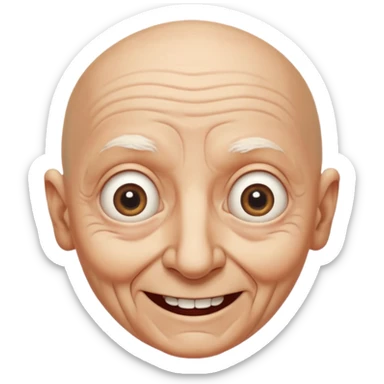 A bald person who’s very old is staring, head upright and looking at the camera with very wide eyes and a massive smile, in a very creepy way. sticker