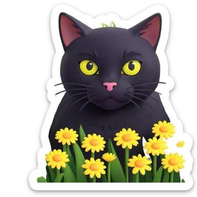A black cat with big, expressive yellow eyes hiding in a lush green field filled with daisies and dandelions sticker