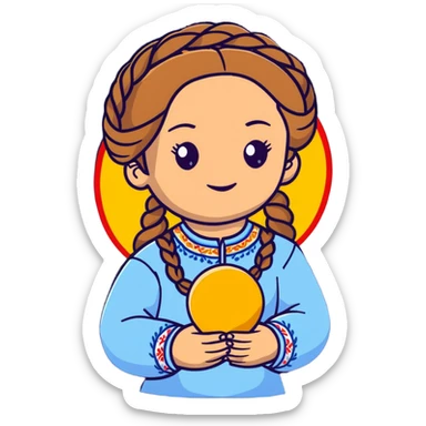 Ukrainian young girl with braided hair wearing traditional vyshyvanka embroidered shirt holding the sun in her hands sticker