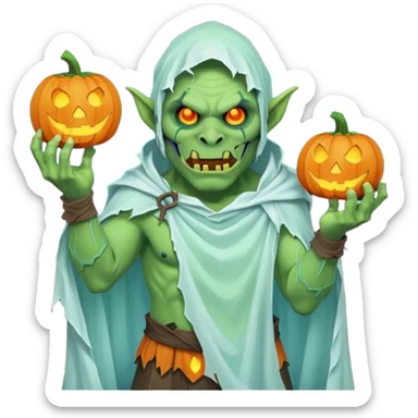 male orc ghost emoji, green skin, tusks, wearing torn white ghost sheet costume, holding glowing jack-o'-lantern, faint blue aura, friendly but spooky expression, Halloween fantasy theme, Apple emoji style, clean white background, square sticker