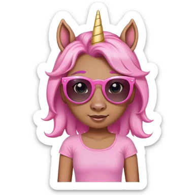 friendly anthropomorphised female unicorn in tutu and pink t-shirt, wearing dark sunglasses, standard pose, head and shoulders portrait sticker