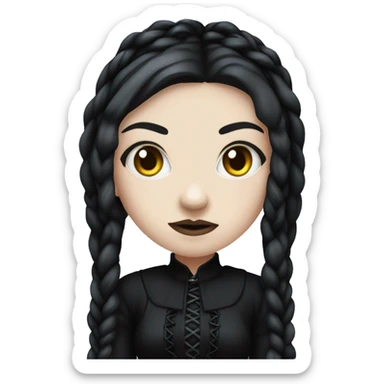 An emoji of a girl with long black braids, pale skin, and a serious expression. She wears a dark, gothic-style dress and has a mysterious, intense vibe, inspired by a classic gothic look sticker